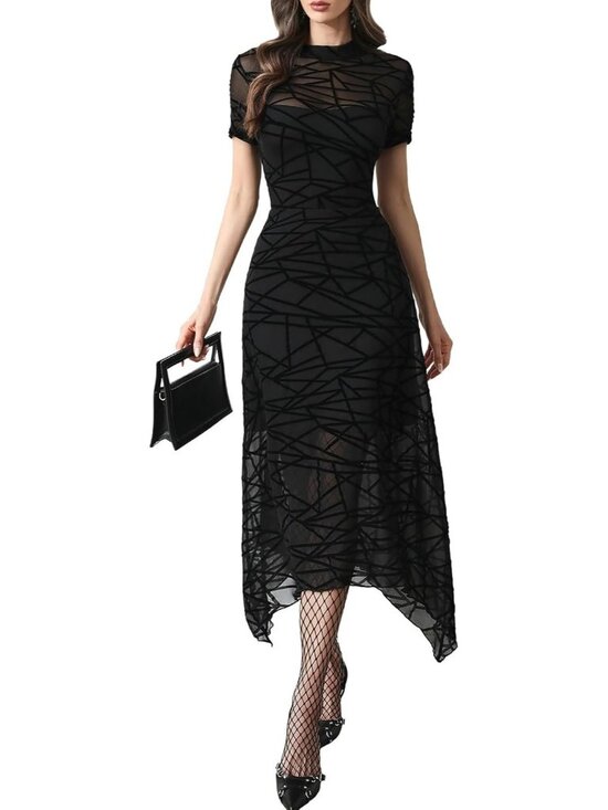 Dresses & Skirts - Women's Black Short Sleeve Floral Mesh Elegant Vintage Irregular Hem Midi Dress